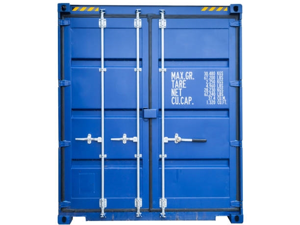 Closed blue standard shipping cargo container, gate side isolated on white background